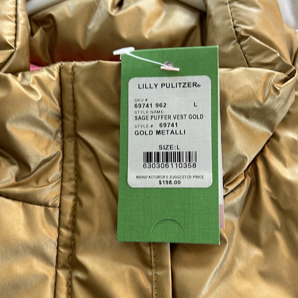 Lilly Pulitzer Sage puffer midi vest in gold. Size Large NWT - Picture 2 of 8